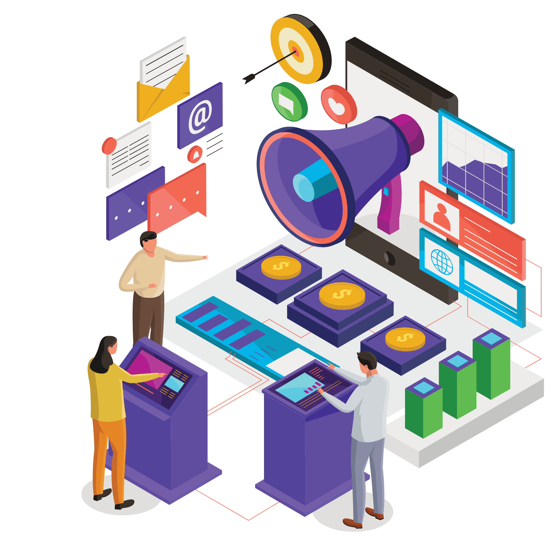 Illustration of people interacting with digital interfaces and charts